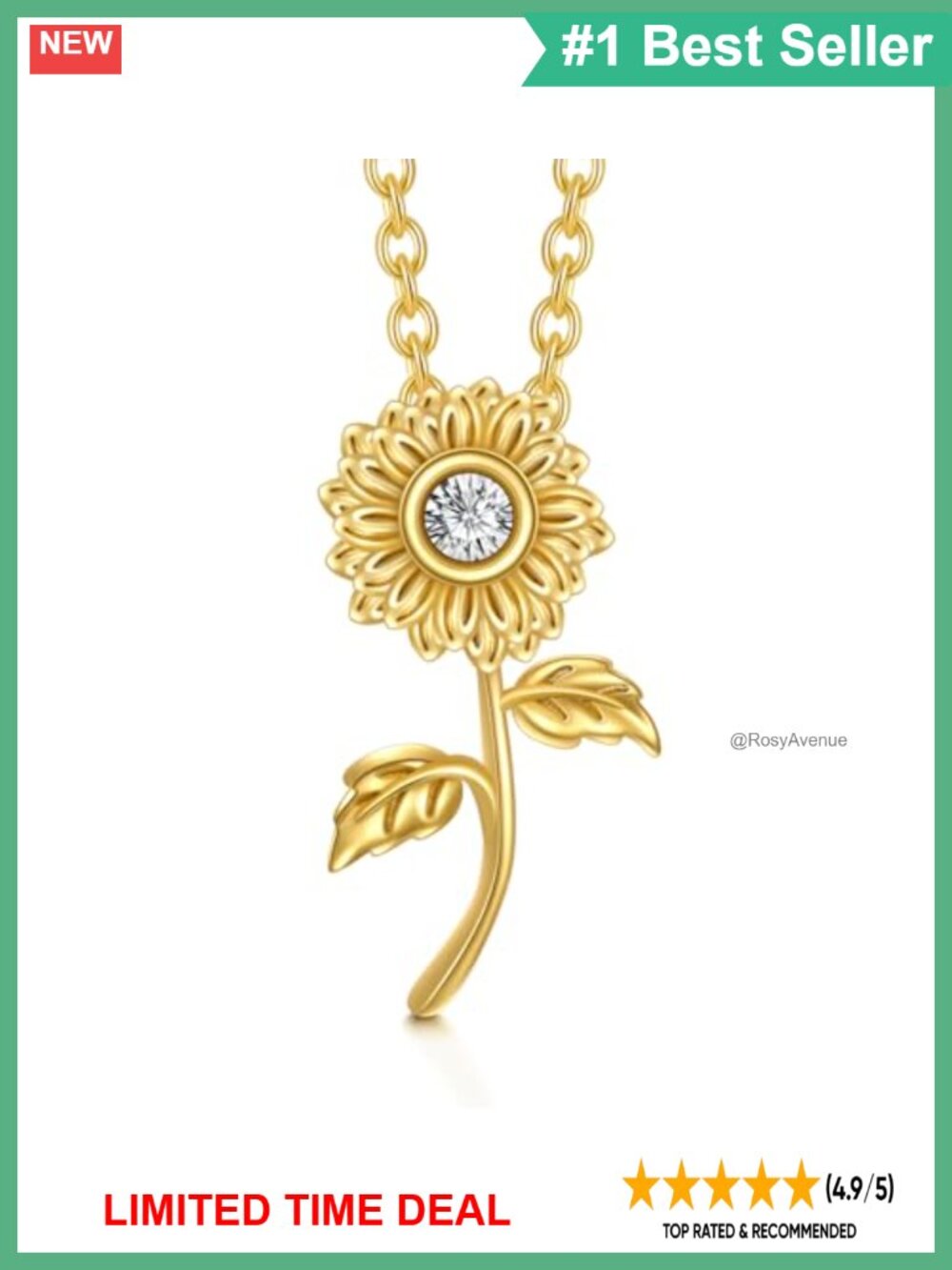 14K Solid Gold Sunflower Pendant Necklace Cubic Zirconia 16+2 Inch Chain